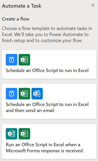 Khung tác vụ liệt kê các mẫu flow như "Schedule an Office Script to run in Excel and then send an email" và "Run an Office Script in Excel when a Microsoft Forms response is received".