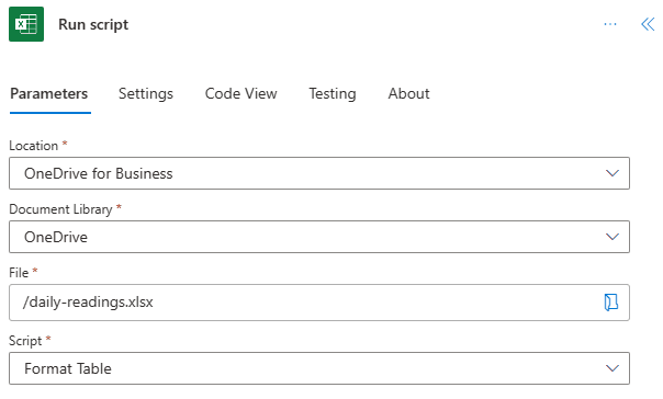 Action Run script với các ô đã điền: vị trí là "OneDrive for Business", thư viện tài liệu là "OneDrive", file là "daily-readings.xlsx" và script tên "Format Table".