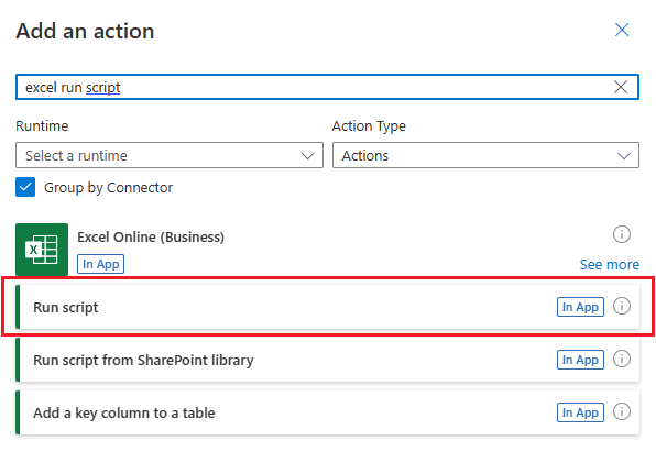 Ảnh chụp màn hình khung chọn action, đang hiện các action của connector Excel Online (Business) với action Run script được làm nổi