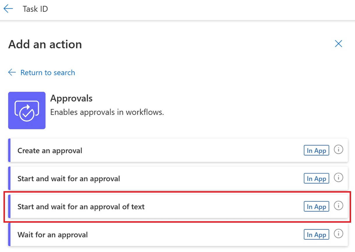 Ảnh chụp màn hình action Start and wait for an approval of text