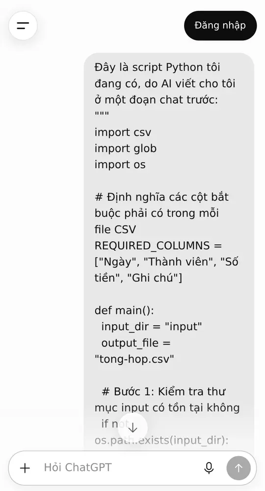 Màn hình ChatGPT sau khi dán script và 3 câu hỏi an toàn — câu trả lời xác nhận script chỉ đọc thư mục input, không xóa hay ghi đè, ở khối chữ bên dưới