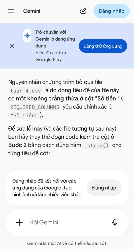Màn hình Gemini giải thích nguyên nhân cột bị thừa khoảng trắng — đoạn code sửa bằng .strip() đọc ở khối chữ bên dưới