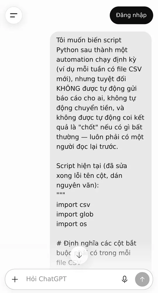 Màn hình ChatGPT sau khi dán script và 3 yêu cầu điểm duyệt — phần code thêm nhật ký chạy và bản nháp cần người duyệt ở khối chữ bên dưới