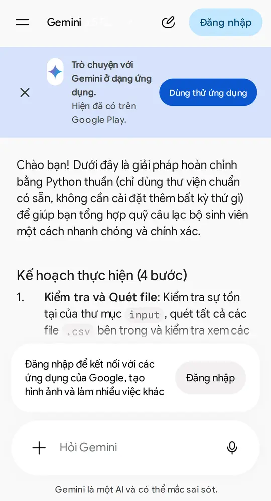 Màn hình Gemini: đầu kế hoạch 4 bước (bước 1 — Kiểm tra và Quét file) — ba bước còn lại và code Python đọc ở khối chữ bên dưới