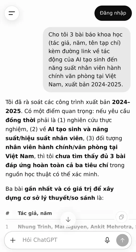 Màn hình ChatGPT trên điện thoại: câu lệnh xin 3 bài báo khoa học đã dán, bên dưới ChatGPT trả lời đã rà soát nhưng chưa tìm đủ 3 bài đúng cả ba tiêu chí, kèm bảng liệt kê tác giả và năm