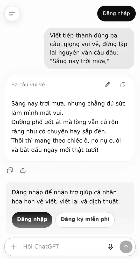 Màn hình ChatGPT trên điện thoại: câu lệnh “viết tiếp câu” ở trên, bên dưới là ba câu ChatGPT viết tiếp, giọng vui vẻ