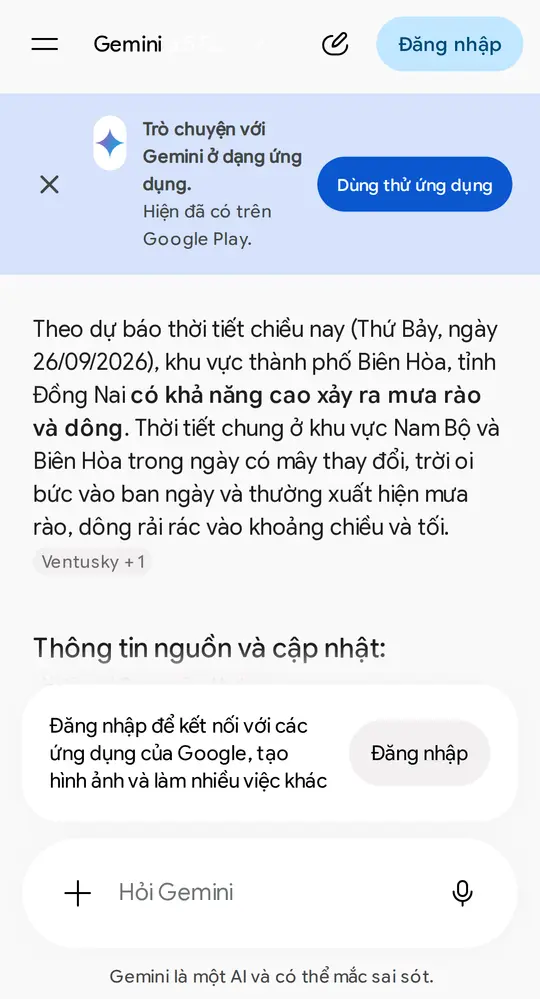 Màn hình Gemini trên điện thoại: câu trả lời thời tiết Biên Hòa chiều nay, có khả năng mưa rào và dông, kèm nhãn nguồn ngắn Ventusky +1 ngay dưới câu trả lời — cuộn xuống thêm mới thấy đủ tên nguồn Trung tâm Dự báo Khí tượng Thủy văn Quốc gia