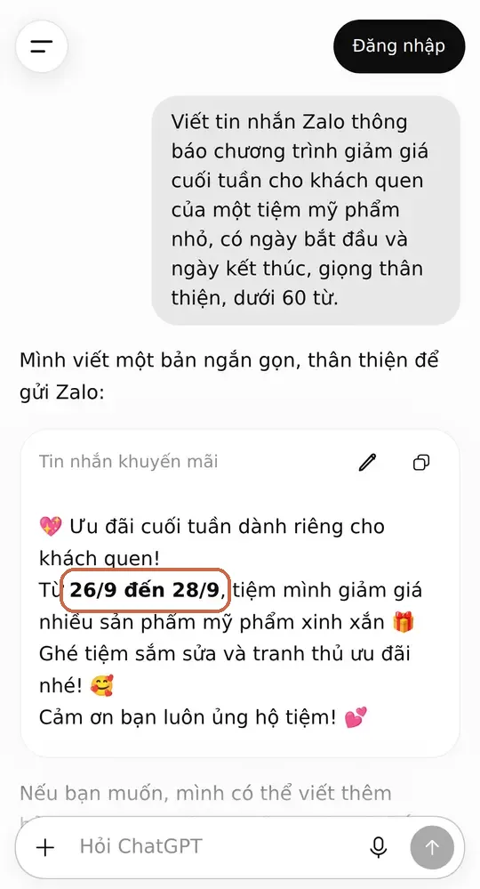 Màn hình ChatGPT trên điện thoại: câu lệnh viết tin khuyến mãi ở trên, bên dưới là bản nháp tin nhắn Zalo — ngày 26/9 đến 28/9 do AI tự điền được khoanh