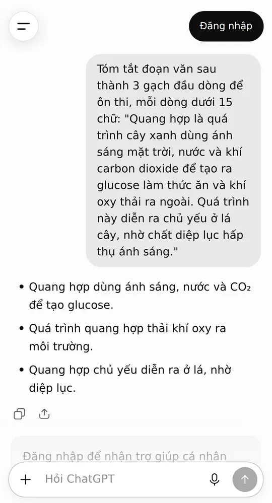 Màn hình ChatGPT trên điện thoại: câu lệnh tóm tắt ôn thi ở trên, bên dưới là 3 gạch đầu dòng trả lời đủ ý, không bị cắt cụt