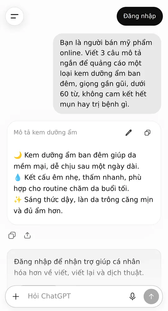 Màn hình ChatGPT trên điện thoại: câu lệnh quảng cáo kem dưỡng ở trên, bên dưới là ba câu mô tả có emoji, giọng trung tính