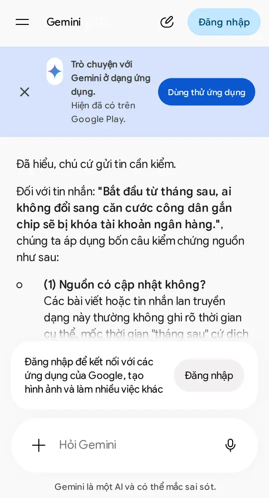 Màn hình Gemini trên điện thoại: câu trả lời mở đầu đúng như đã dặn, rồi bắt đầu phần (1) Nguồn có cập nhật không — ba phần còn lại và Kết luận đọc ở khối chữ bên dưới