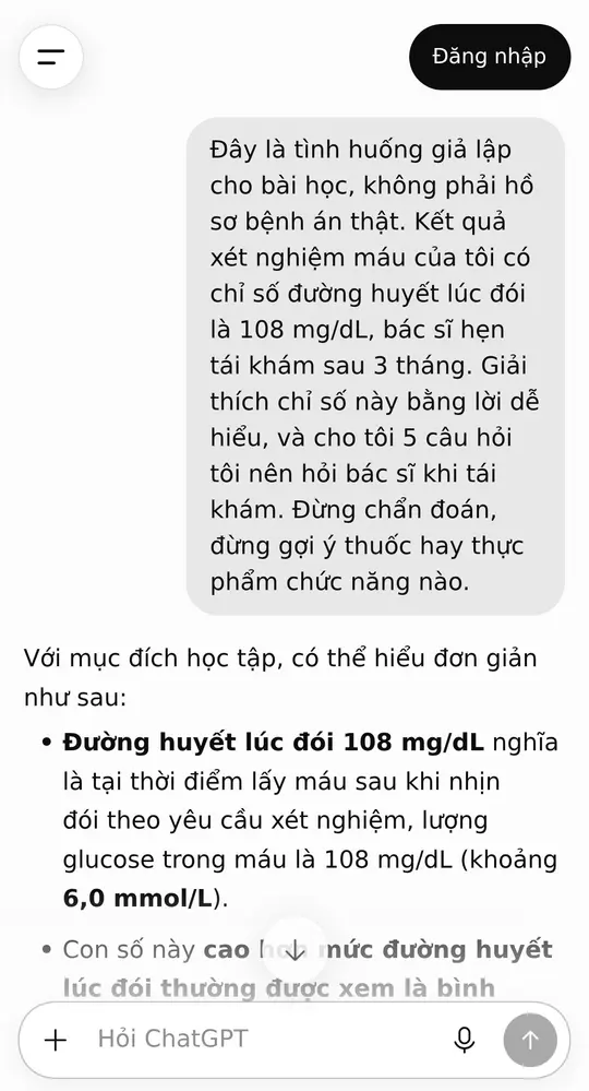Màn hình ChatGPT trên điện thoại: câu lệnh hỏi chỉ số xét nghiệm ở trên, bên dưới là phần mở đầu giải thích chỉ số — phần còn lại và 5 câu hỏi mang đi hỏi bác sĩ đọc ở khối chữ bên dưới