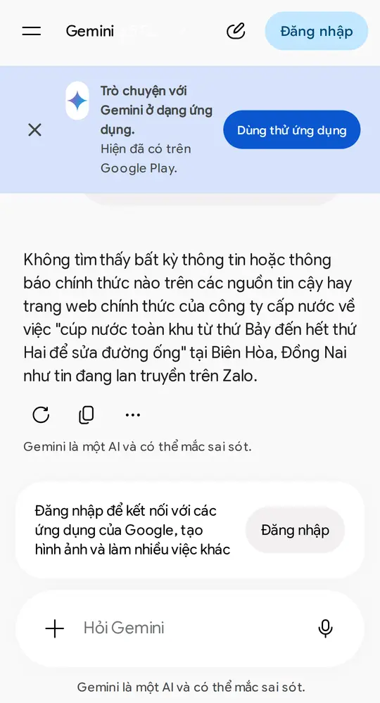 Màn hình Gemini trên điện thoại: câu trả lời nói không tìm thấy thông báo chính thức nào về tin cúp nước đang lan trên Zalo, không kèm link nào