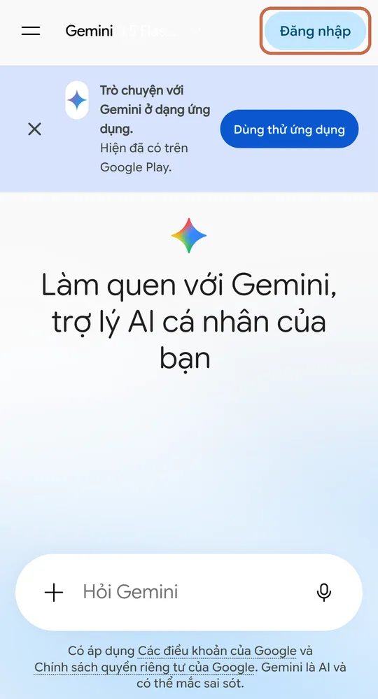 Trang gemini.google.com trên điện thoại khi chưa đăng nhập: nút Đăng nhập ở góc trên bên phải được khoanh, khung Hỏi Gemini ở dưới