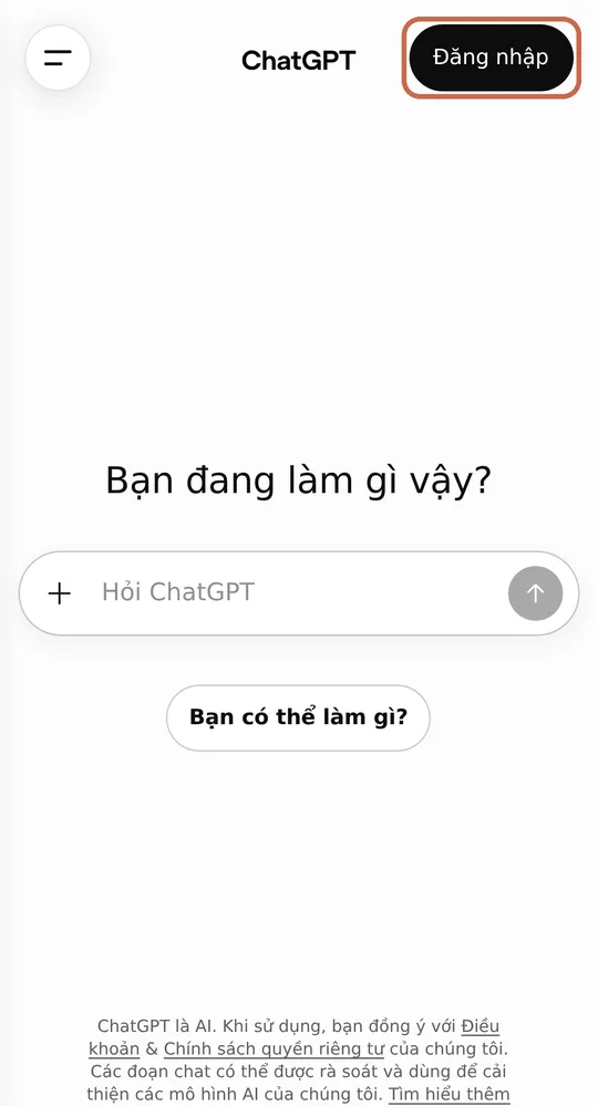 Trang chatgpt.com trên điện thoại khi chưa đăng nhập: nút Đăng nhập ở góc trên bên phải được khoanh