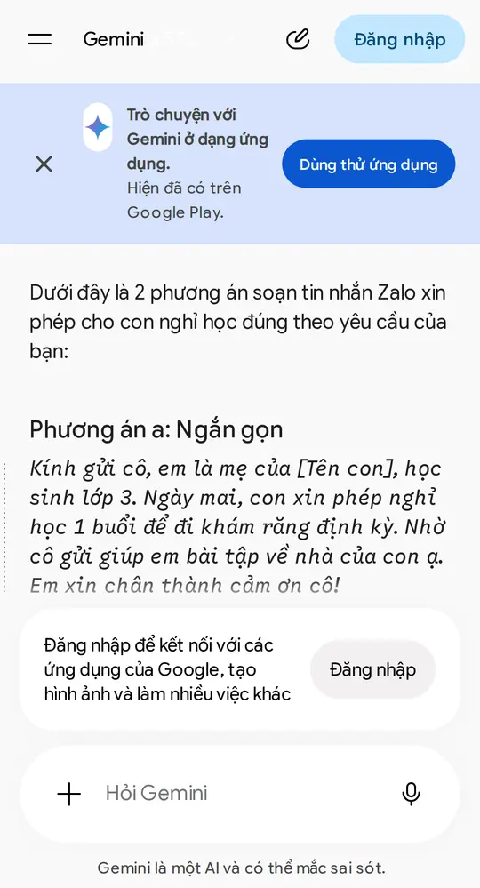 Màn hình Gemini trên điện thoại: câu lệnh G-C-O-R xin phép cô giáo đã dán, bên dưới Gemini viết phương án a ngắn gọn với chỗ trống [Tên con]