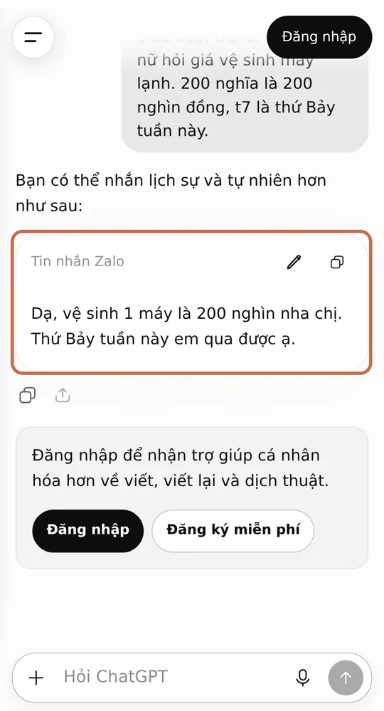 Màn hình ChatGPT trên điện thoại: cuối câu lệnh báo giá, bên dưới là khung Tin nhắn Zalo (được khoanh) giữ đúng giá 200 nghìn và thứ Bảy, dưới nữa là ô mời đăng nhập