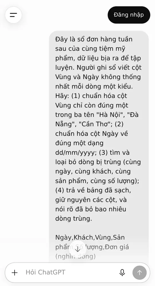 Màn hình ChatGPT trên điện thoại sau khi dán câu lệnh dọn bảng — bảng 11 dòng đã chuẩn hóa vùng, ngày và câu báo đã bỏ 1 dòng trùng ở khối chữ bên dưới