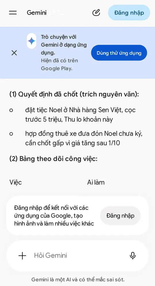 Màn hình Gemini trên điện thoại: ghi chú họp đã dán ở trên, bên dưới là bảng Việc – Ai làm – Hạn và 5 câu hỏi lại