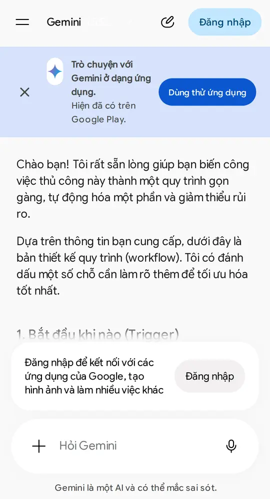 Màn hình Gemini trên điện thoại: mới thấy tiêu đề phần 1 Bắt đầu khi nào (Trigger) — workflow đủ 7 phần đọc ở khối chữ bên dưới