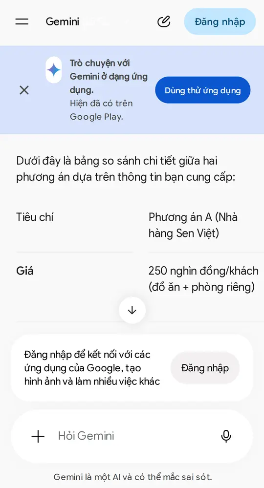 Màn hình Gemini trên điện thoại: đầu bảng so sánh mới thấy dòng Tiêu chí và cột Phương án A (cột B nằm ngoài mép) — bảng đủ 3 cột và đề xuất đọc ở khối chữ bên dưới