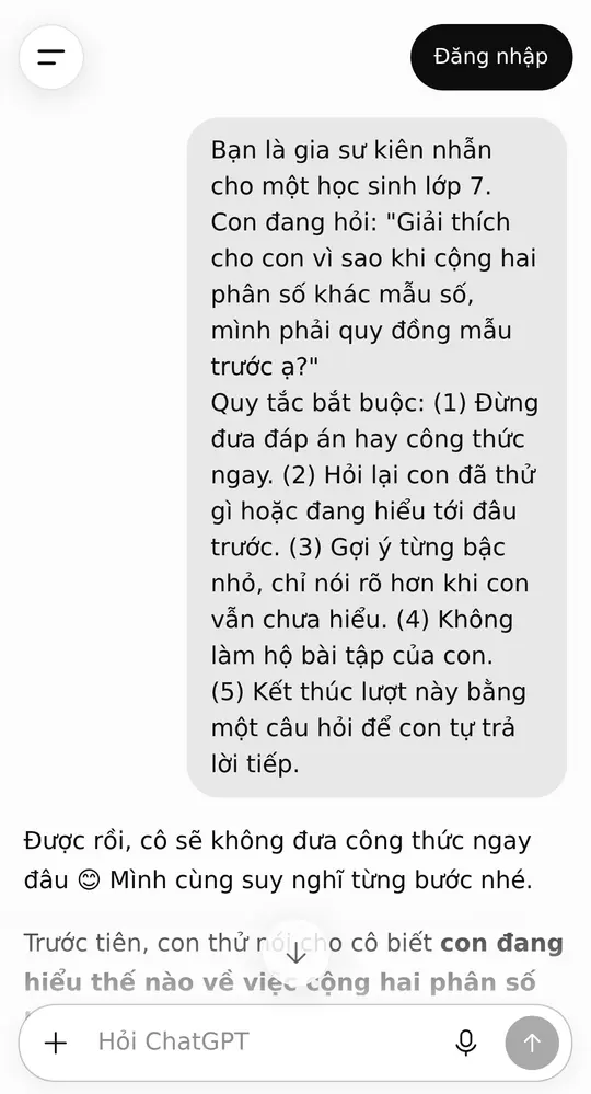 Màn hình ChatGPT trả lời câu lệnh gia sư bằng cách hỏi lại con trước, không đưa đáp án