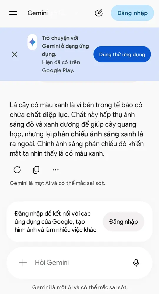 Màn hình Gemini trả lời câu hỏi vì sao lá cây có màu xanh, để so với dự đoán viết tay trước đó