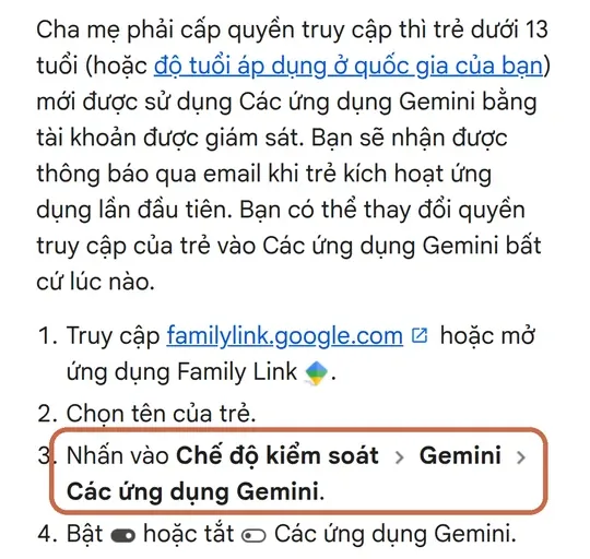 Trang trợ giúp Gemini của Google bằng tiếng Việt trên điện thoại: bốn bước cấp quyền cho trẻ, bước 3 Nhấn vào Chế độ kiểm soát, Gemini, Các ứng dụng Gemini được khoanh