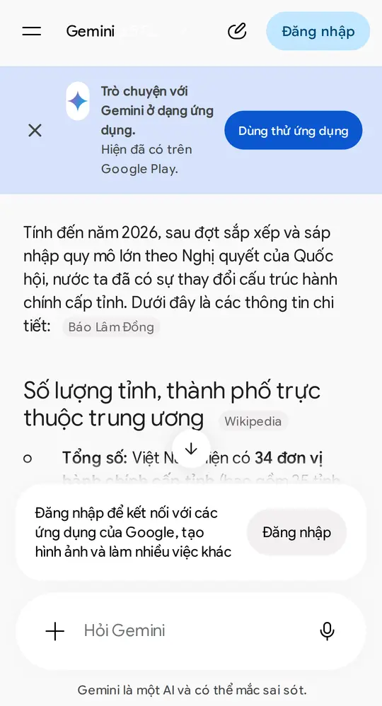 Màn hình Gemini trả lời câu hỏi về số tỉnh thành hiện nay của Việt Nam