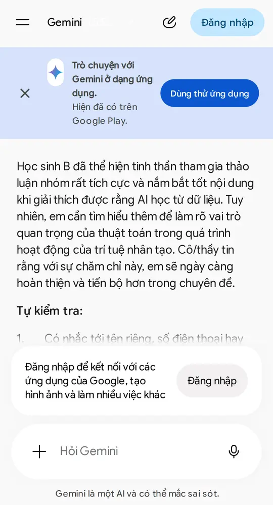 Màn hình Gemini viết nhận xét quá trình cho Học sinh B, không tên thật không điểm số