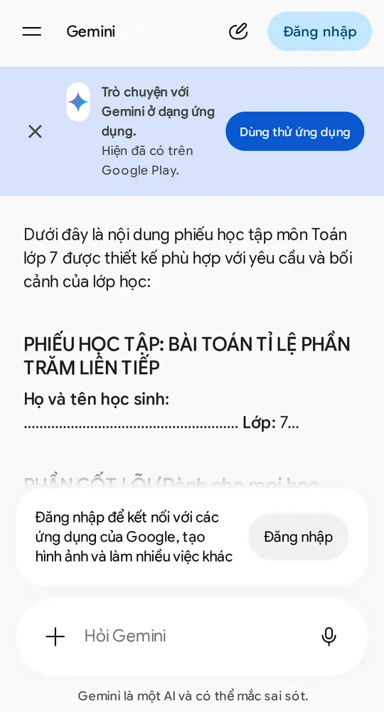 Màn hình Gemini: mới thấy đầu phiếu (họ tên, lớp) và đầu đề Phần cốt lõi — nội dung đủ hai phần cốt lõi/mở rộng đọc ở khối chữ bên dưới