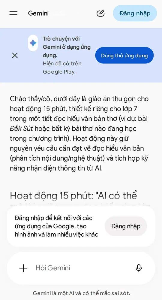 Màn hình Gemini: mới thấy đầu đề Hoạt động 15 phút — bốn bước và số phút từng bước đọc ở khối chữ bên dưới