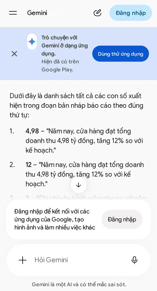 Màn hình Gemini liệt kê hết số trong đoạn bản nháp