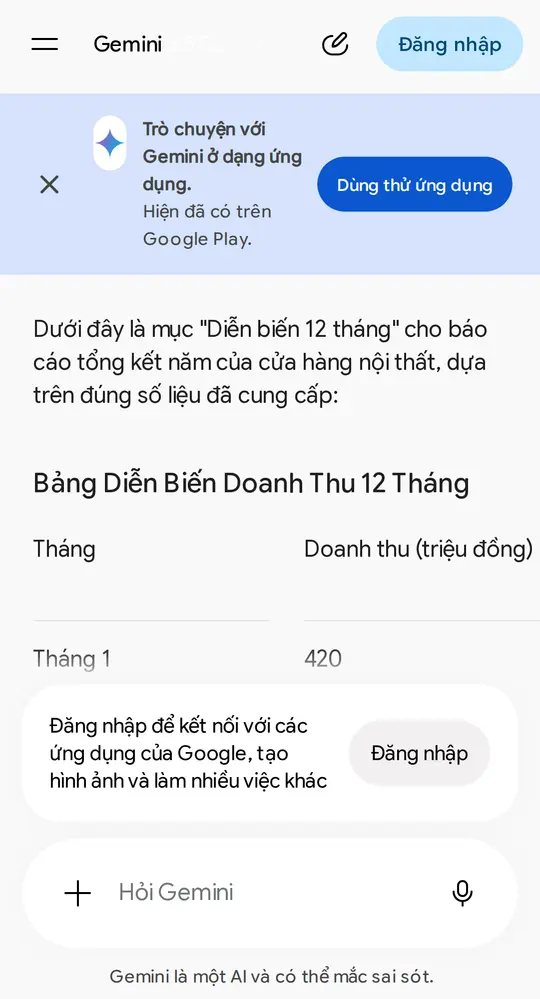 Màn hình Gemini: mới thấy đầu bảng với dòng Tháng 1 — bảng đủ 12 tháng kèm % biến động đọc ở khối chữ bên dưới