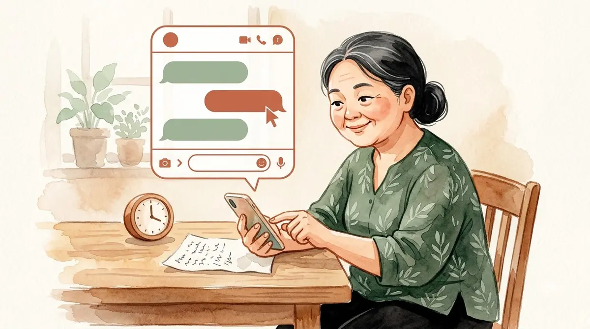 Cô Hạnh sửa lại tin nhắn nháp trên điện thoại, bên cạnh có đồng hồ nhỏ